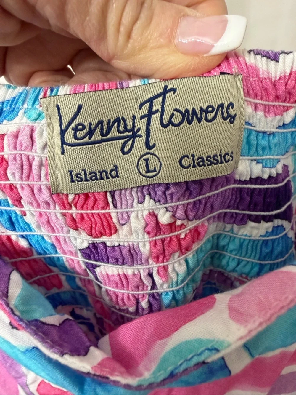 Kenny Flowers Pink Blue Purple Abstract Smocked Dress - Picture 2 of 8